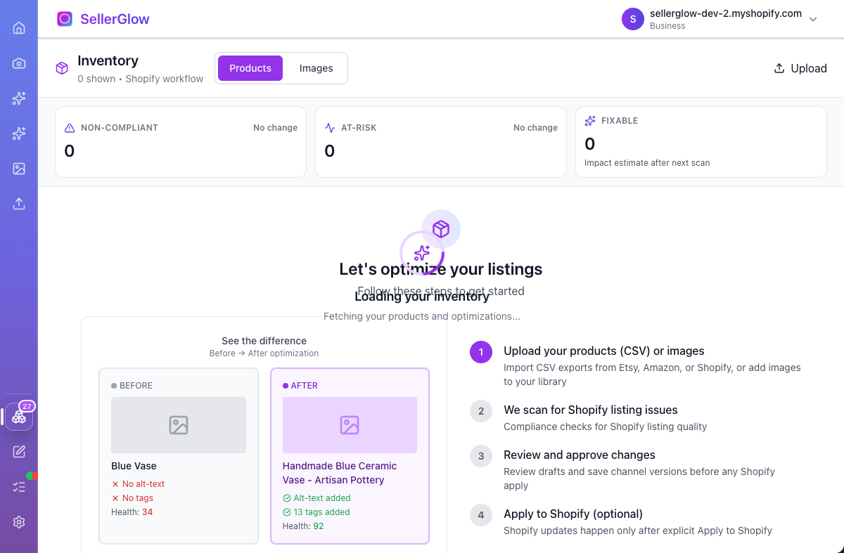 SellerGlow inventory compliance screenshot showing issue categories and improvement guidance.