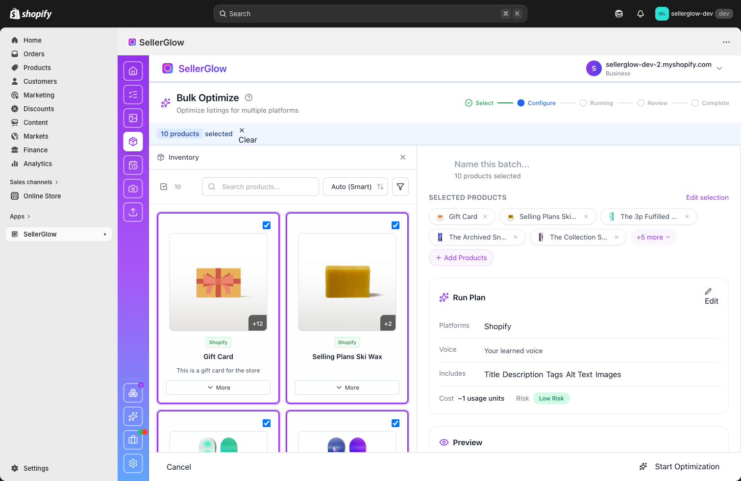 SellerGlow optimize workflow screenshot showing selected products, stepper progression, and a ready-to-run batch.