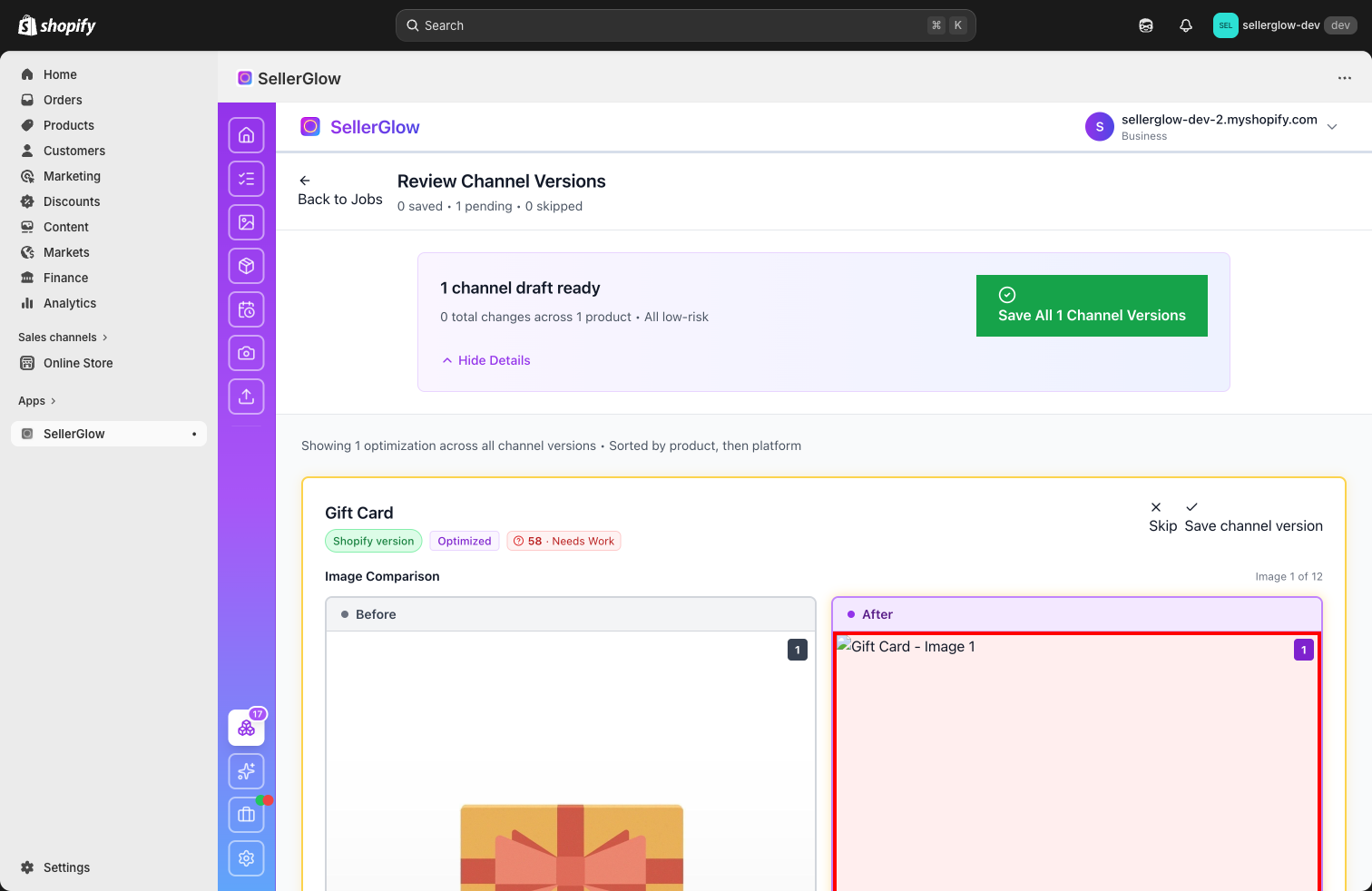 SellerGlow review screen showing before and after product changes side by side.