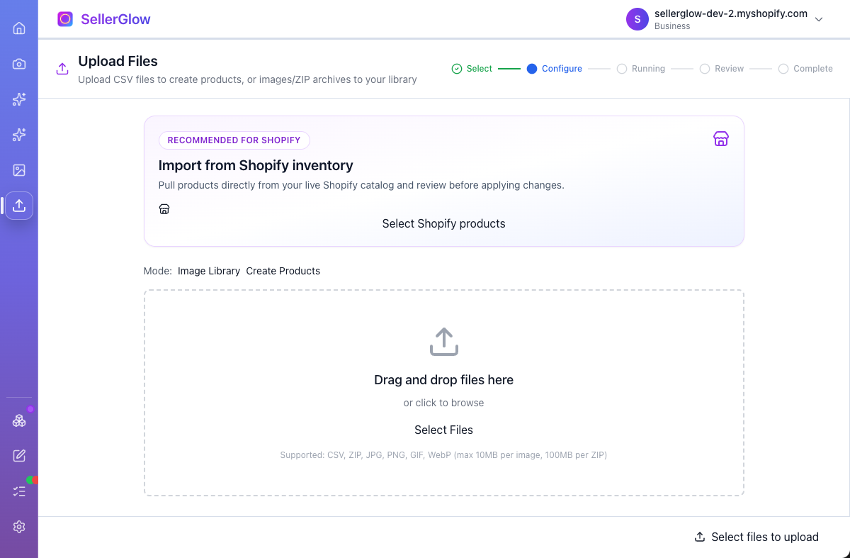 SellerGlow upload workspace screenshot showing the embedded app shell and Shopify-first workflow.