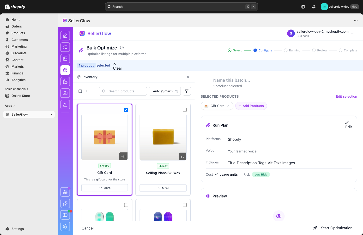 SellerGlow optimization workspace screenshot showing selected products, run plan, and cross-channel preparation workflow.